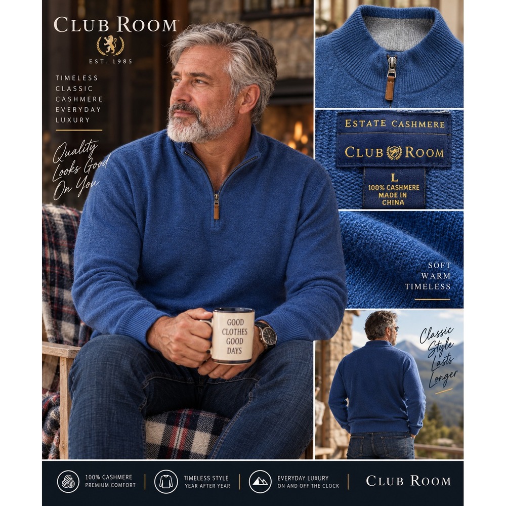 Club Room Estate Cashmere Men L Blue Quarter Zip Mock Neck Sweater 2-Ply Preppy